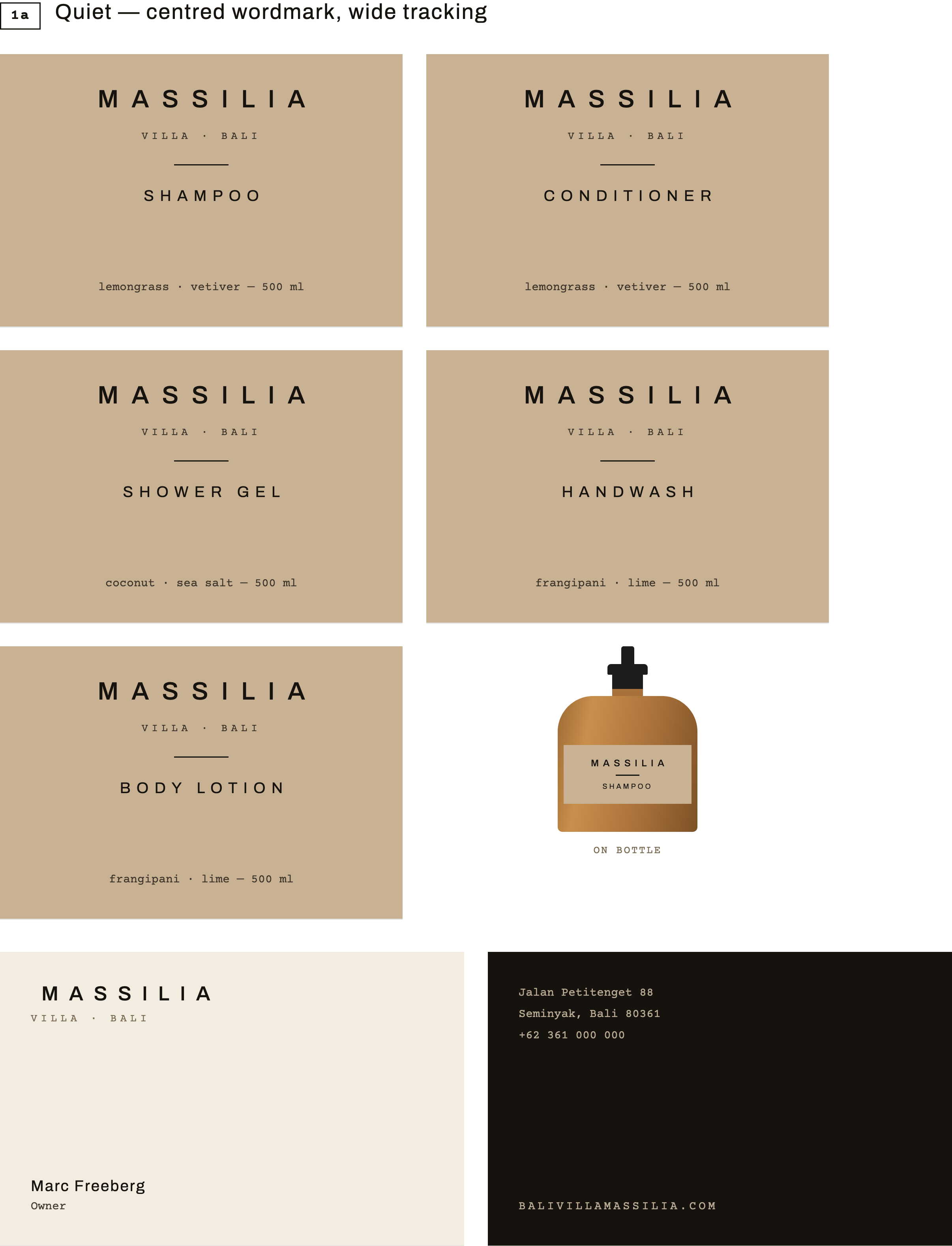 Villa Massilia — quiet direction, centred label and stationery artwork