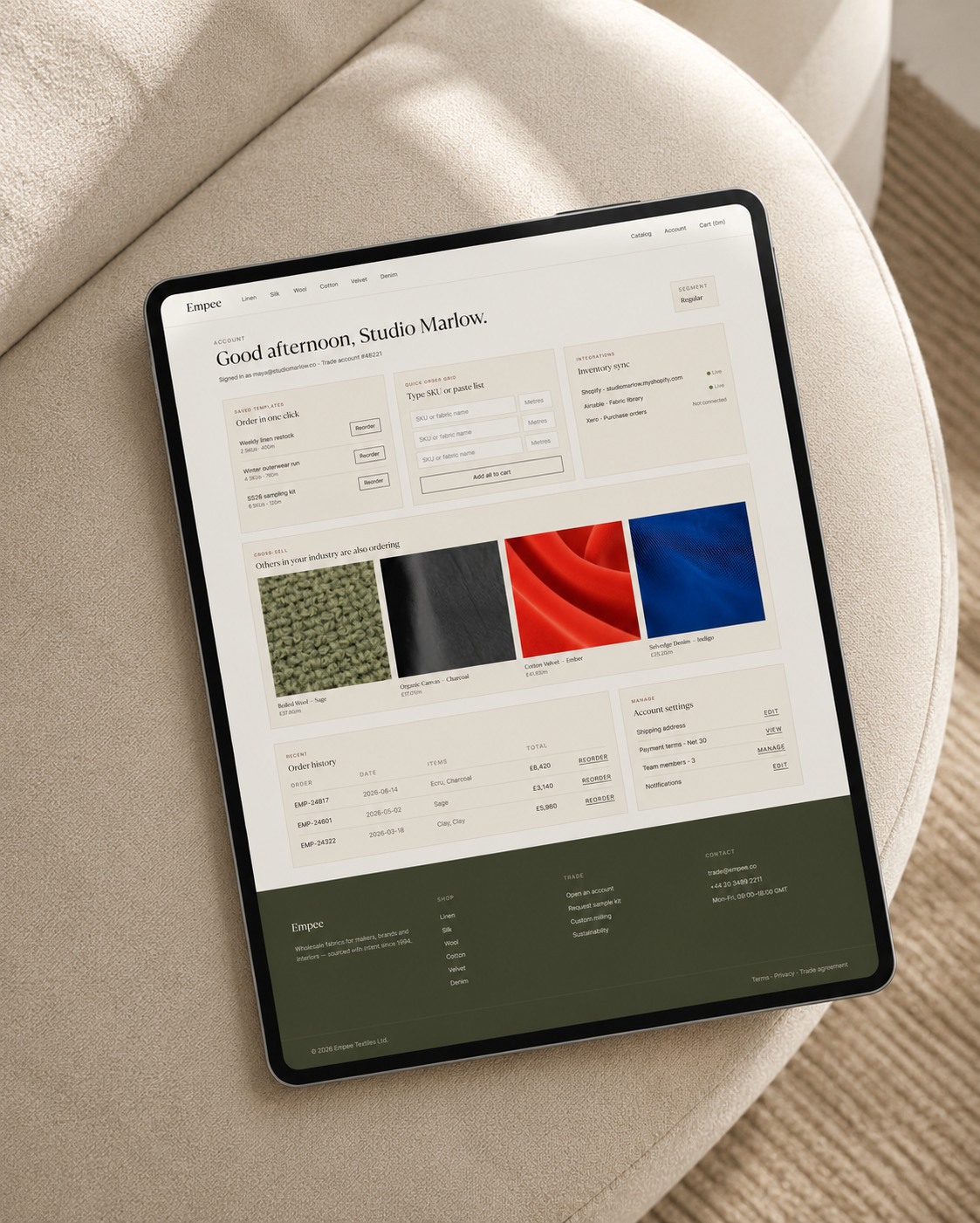 Empee account dashboard on tablet