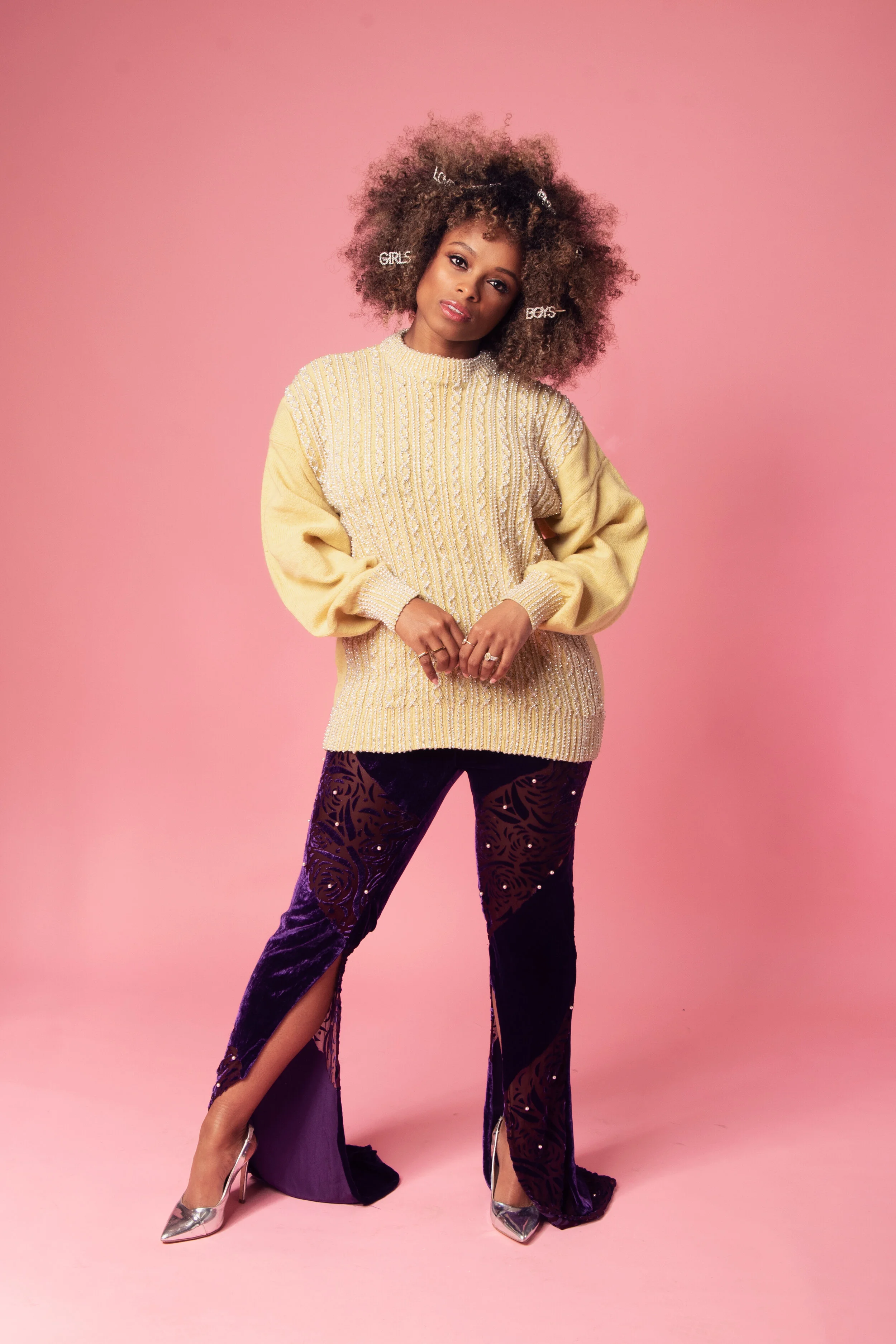Fleur East for Darkus Magazine — Yellow knit on pink