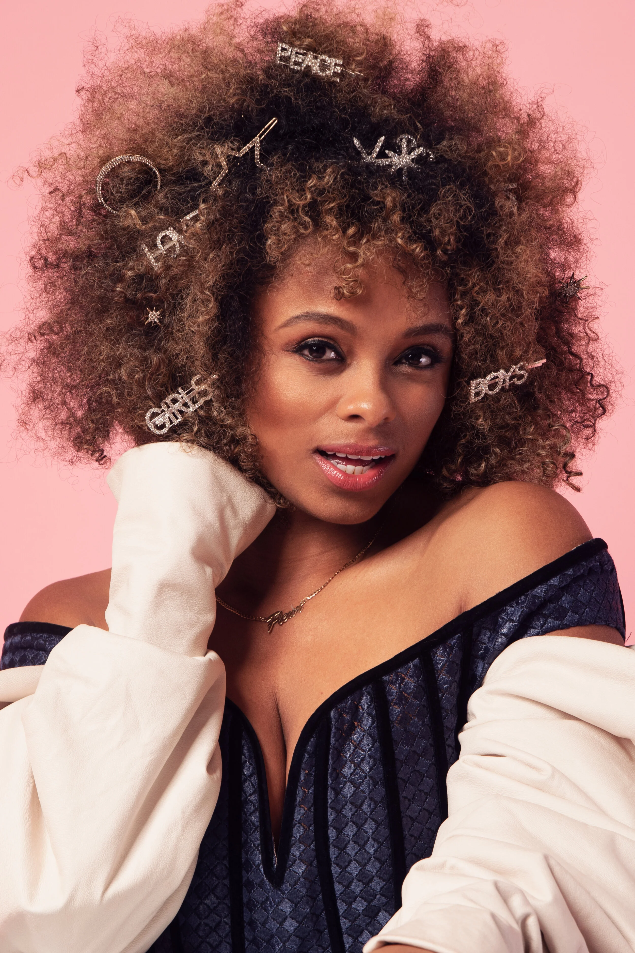 Fleur East for Darkus Magazine — Hair-slide look, off-shoulder