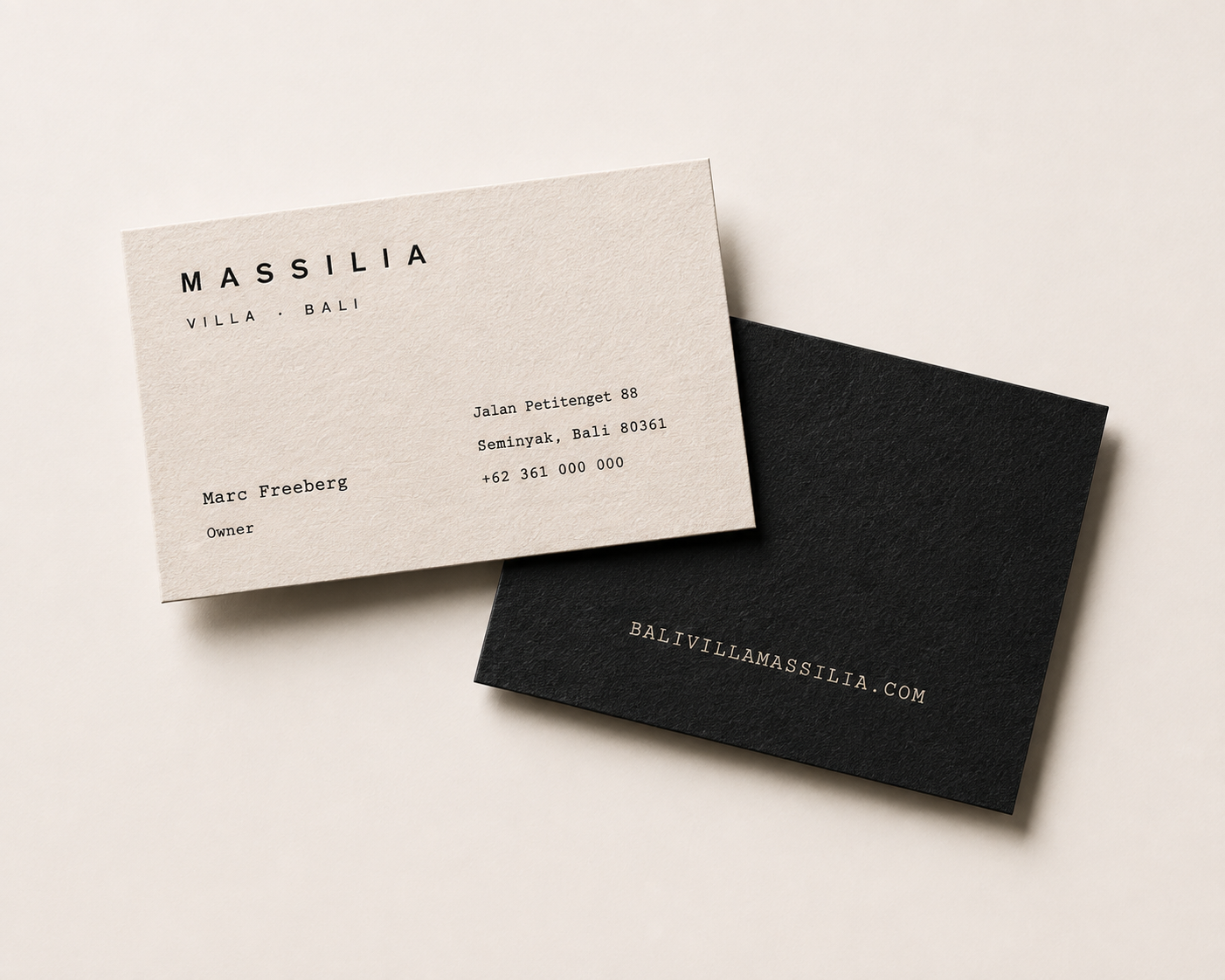 Villa Massilia business cards — warm white and black stocks, one-colour print