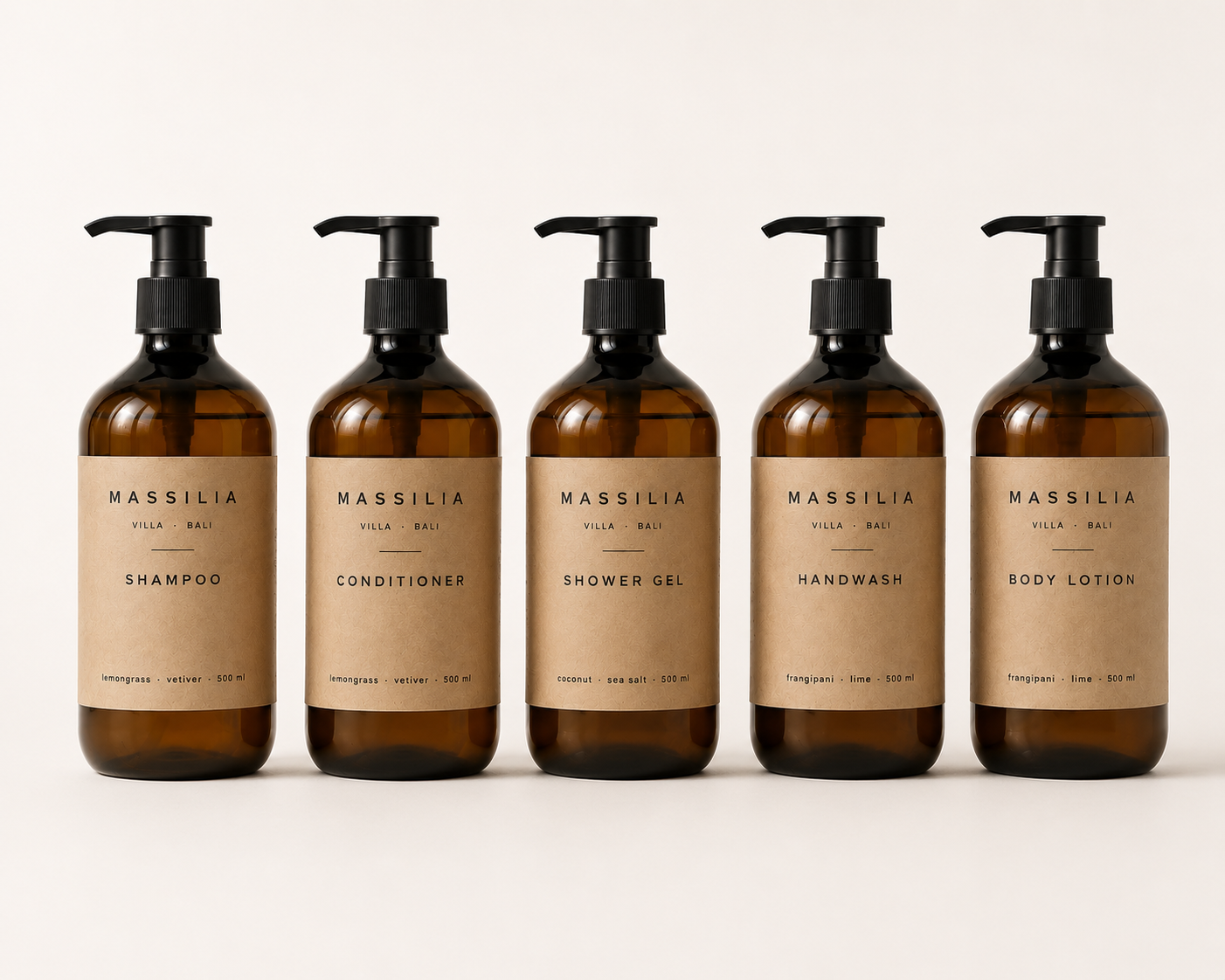 The five-SKU Villa Massilia amenity range — amber bottles with kraft labels
