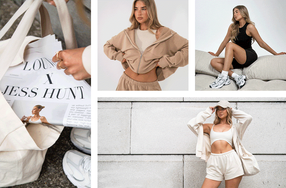 Lounge × Jess Hunt animated campaign teaser — four-panel cut
