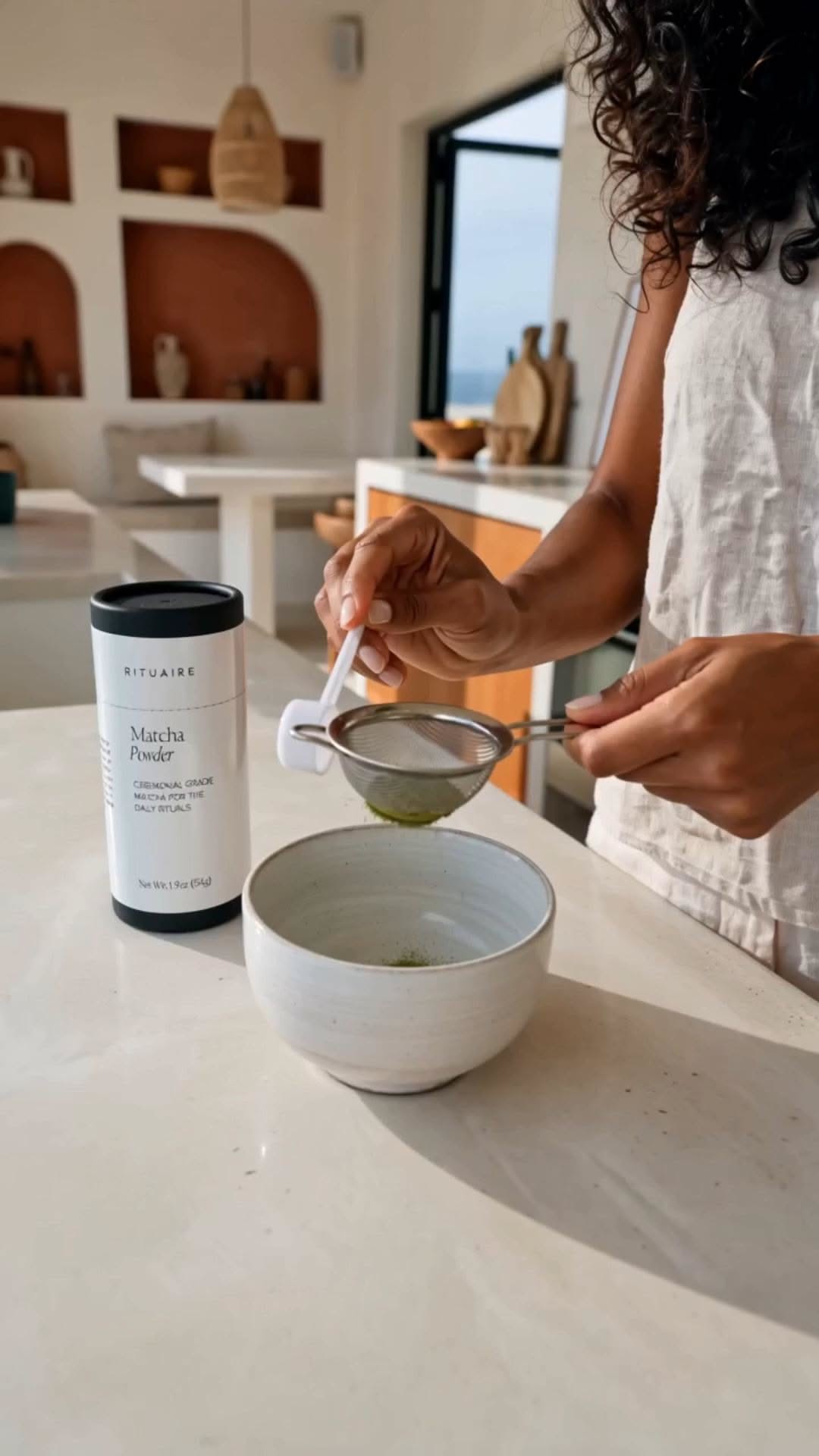 Preparing matcha in a morning kitchen